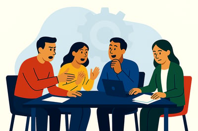 A flat, clean illustration of four coworkers sitting around a conference table, each displaying a different instinctive stress response. The person in a red shirt leans forward and gestures intensely. The person in yellow talks quickly with expressive hands. The person in blue leans back, thinking with a hand on his chin while looking at a laptop. The person in green focuses quietly on organizing papers. A soft pastel-blue abstract background and faint gear watermark complete the scene.