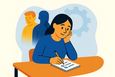 A person sits at a desk reflecting and writing in a notebook, with soft silhouettes and a faint MyHardWired gear behind them symbolizing past reactions and behavioral instincts.