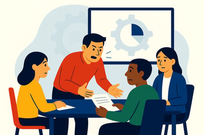 A flat, clean illustration of a tense meeting scene where one man leans forward and speaks urgently, showing signs of stress. Three coworkers seated around the table look concerned or surprised. A presentation screen behind them displays a gear with a blue-highlighted section. The background features soft blue abstract shapes and faint gear outlines, matching the MyHardWired visual style.