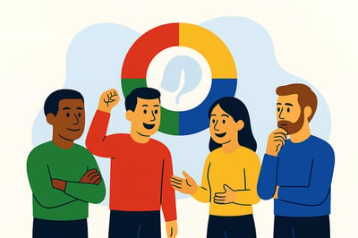 Four people stand together showing different motivational responses, with a simple four-color abstract circle behind them representing the four MyHardWired motivation styles.