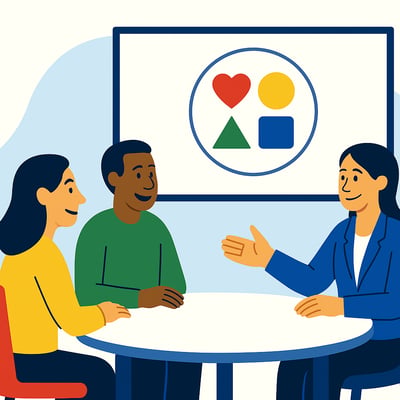 A consultant and three team members sit around a table discussing motivation, while a simple circular diagram with four abstract symbols is displayed on a screen behind them, representing different motivator types.