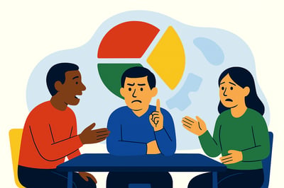 A diverse group of three coworkers from Sales, Engineering, and Operations sit at a table with tense expressions, each advocating for different priorities, illustrating cross-functional conflict.