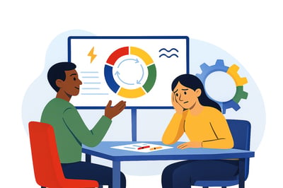A coach sits across from a frustrated client during a one-on-one session. The coach gestures calmly while the client holds her head in her hand. Behind them, a presentation screen shows a circular MyHardWired-style diagram with red, yellow, green, and blue segments, representing behavioral Modes.