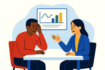 A coach and client sit across from each other at a table. The client appears frustrated with his head in his hand, while the coach gestures calmly. Behind them, a simple abstract chart shows lines and bars, symbolizing behavioral patterns. The scene is illustrated in a clean, flat MyHardWired style with soft blue background shapes.