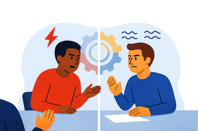 A split-scene illustration showing behavioral tension between two teammates: one leaning forward with urgent Red-mode energy, the other pulling back with Blue-mode hesitation. Subtle stress icons and a faint MyHardWired gear appear in the background to signal mode-based friction.