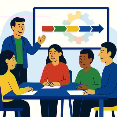 Team sitting at a table together smiling understanding each other through MyHardWired