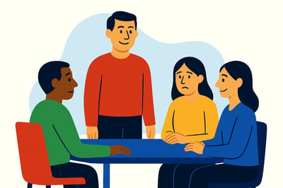 A diverse team sits around a table after a meeting, showing polite but uneasy expressions that signal subtle behavioral misalignment, illustrated in a clean, flat MyHardWired style.