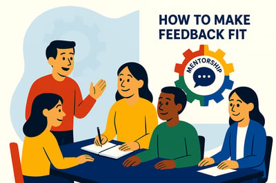 A mentor leads a feedback discussion with four people seated around a table, each wearing MyHardWired colors, while a multicolored gear and “Mentorship” icon appear in the background.