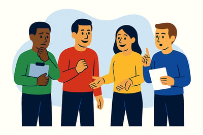 An illustration of four leaders side by side, each showing a different behavioral response to change: a thoughtful leader holding a clipboard, an action-oriented leader gesturing confidently, an encouraging leader engaging others, and a reflective leader holding a document.