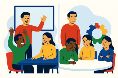A split-scene illustration showing a team excited and engaged during a change kickoff on the left, and the same team later looking tired and disengaged on the right, symbolizing how enthusiasm fades during transformation efforts.