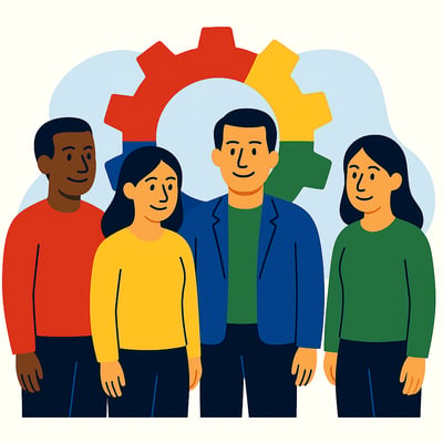 A diverse group of four leaders stands together with a large four-quadrant MyHardWired gear behind them in the brand’s strict color order—red top-left, yellow top-right, green bottom-left, blue bottom-right—representing different behavioral approaches to delegation.