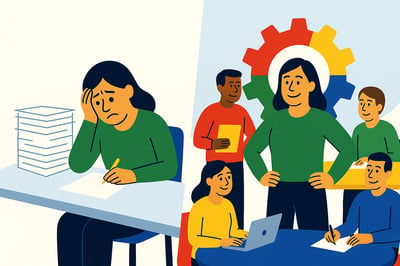 A woman sitting at a desk stressed and then standing among her team with the MyHardWired logo behind her.