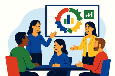 A diverse group of professionals sit around a table as two facilitators present a circular behavioral diagram on a screen, featuring a four-quadrant MyHardWired gear in red, yellow, green, and blue. The group appears engaged in discussion about progress, dashboards, and ongoing development cycles.