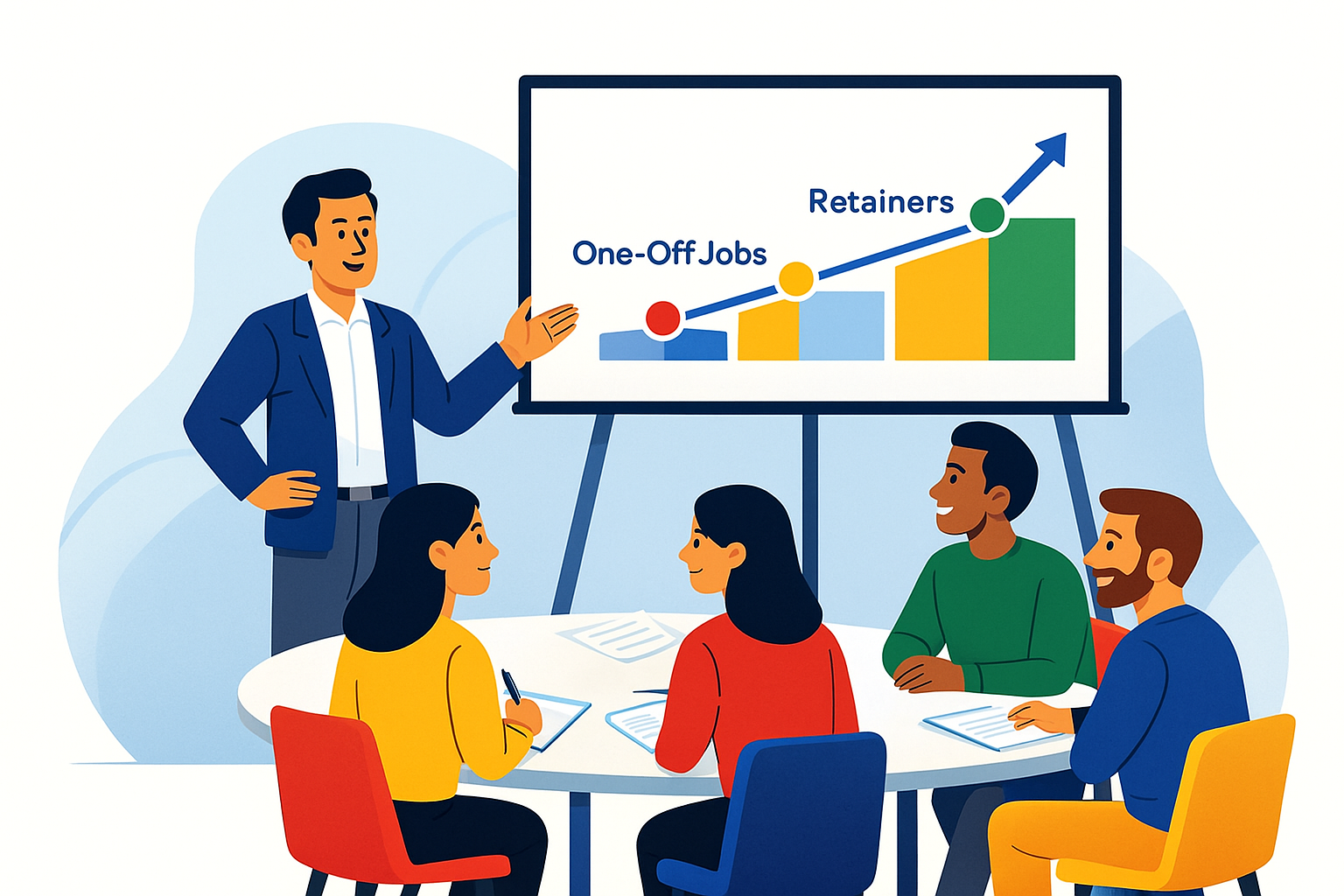 A consultant presents a chart showing the shift from one-off jobs to long-term retainers while a small, diverse group of professionals sits around a table engaged in discussion.