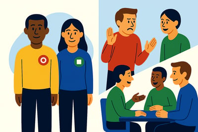 A split-scene illustration showing two leaders with identical label badges standing calmly on the left, contrasted with scenes on the right where similar-looking leaders behave very differently—one in tense conversation, the other collaborating smoothly—highlighting how identical personality labels can mask real behavioral differences.