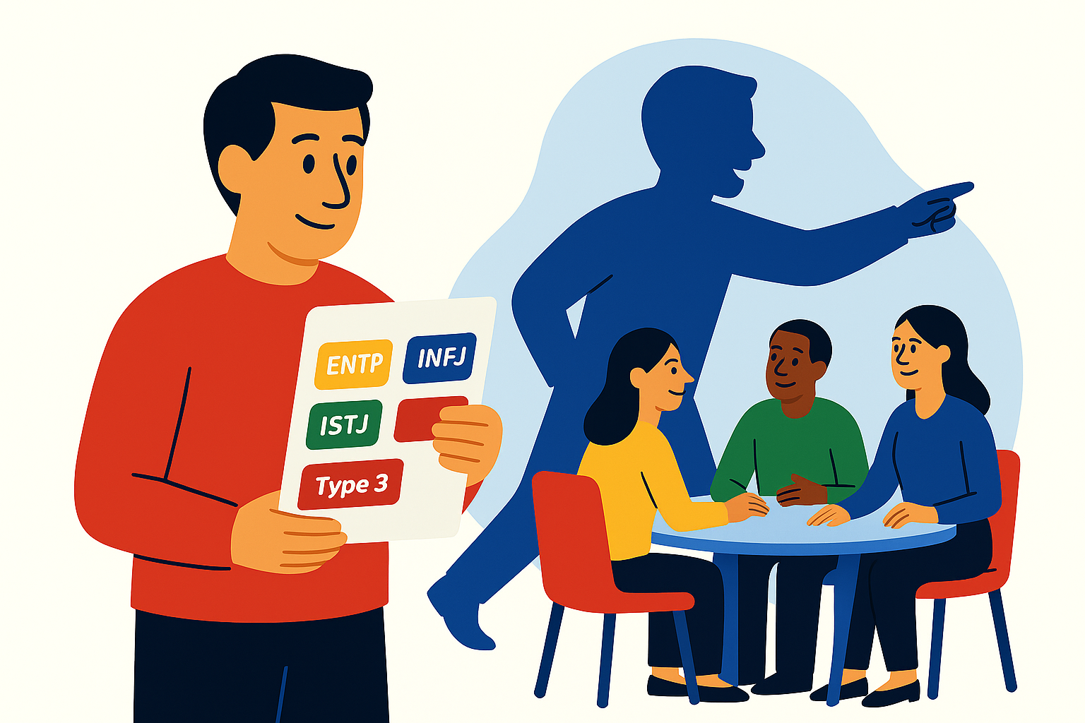 A leader looks at a page of colorful personality-type labels while a shadow behind him shows a confident, active leadership stance, contrasting labels with real behavior in a clean, flat illustration style.