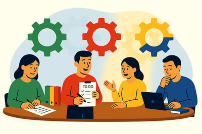 A flat, landscape-style illustration showing four people, each representing a different confidence-building wiring pattern. On the far left, a person in a green shirt organizes a neat set of folders and checks off items on a list, symbolizing structure and stability. Next, a person in a red shirt proudly holds a clipboard with completed tasks, representing confidence through decisive action. To the right, a person in a yellow shirt animatedly connects with a coworker, symbolizing confidence through social energy. On the far right, a person in a blue shirt sits thoughtfully at a laptop, writing in a notebook to represent confidence built through reflection and understanding. Soft blue abstract shapes and faint colored gears (green, red, yellow, blue) appear in the background.
