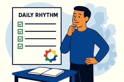 A person stands in front of a “Daily Rhythm” checklist board, reflecting on their habits, with a MyHardWired gear icon and faint silhouettes behind them to symbolize internal signals and behavioral alignment.