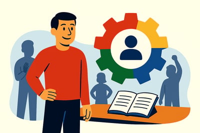 A confident person stands with a slight smile in front of a large multicolored MyHardWired gear, with faint blue silhouettes and an open book behind them, symbolizing confidence built from behavioral alignment.