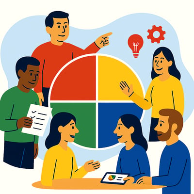 Blog 16 - Wired To Lead - 1A group of diverse leaders stand and sit around a four-quadrant circle in red, yellow, green, and blue, symbolizing how each behavioral wiring has strengths and potential trade-offs.