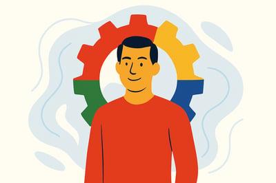A confident leader stands in front of a large four-color MyHardWired gear in red, yellow, green, and blue, symbolizing understanding and aligning with natural behavioral wiring.