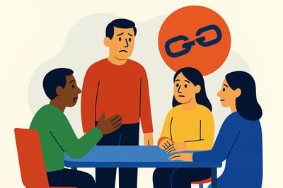 A diverse group of colleagues sit around a table discussing a trust issue, while a broken chain icon appears above them, symbolizing quiet trust erosion. The team looks concerned and reflective.