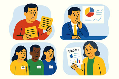 A four-panel illustration showing common forms of resistance to new frameworks: a frustrated person holding past assessment reports, an executive looking uncertain at abstract charts, a team worried about being labeled, and a leader reviewing a budget sheet with concern. Each scene visually represents a different mindset behind pushback.