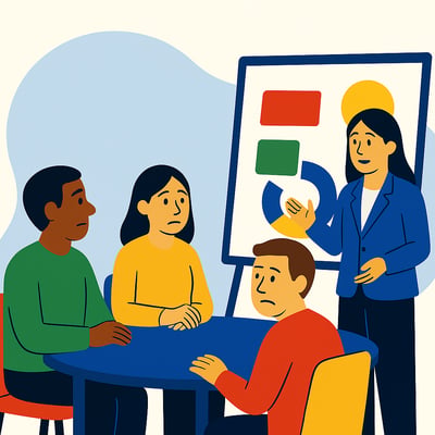 A consultant presents a simple behavioral framework on a chart while three colleagues sit around a table looking uncertain and hesitant. The scene captures the initial resistance people feel when introduced to behavior-based models.