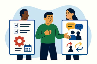 A leader stands between two oversized role cards—one showing structured, task-driven responsibilities and the other showing relational, communication-heavy demands—illustrating the tension between different role expectations and natural behavior.