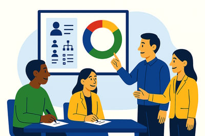 A coach and two leaders discuss role alignment at a presentation screen showing a simple role profile alongside a circular diagram backed by a subtle MyHardWired four-quadrant gear in strict color order—red top-left, yellow top-right, green bottom-left, blue bottom-right. A participant sits at the table taking notes.