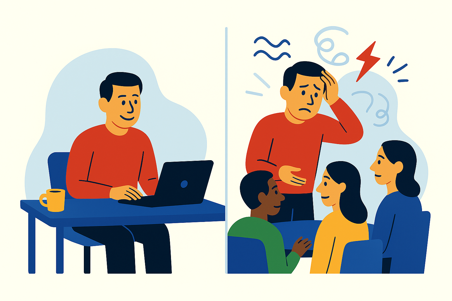 A split-scene illustration showing the same leader thriving in an individual-focused role on the left and looking stressed while leading a team on the right, highlighting the mismatch between role demands and natural behavior.