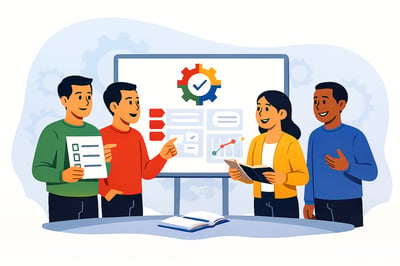 Four people wearing MyHardWired colors stand around a presentation board showing a correctly oriented MyHardWired gear and various growth icons, each representing how Greens, Reds, Yellows, and Blues achieve their greatest return.