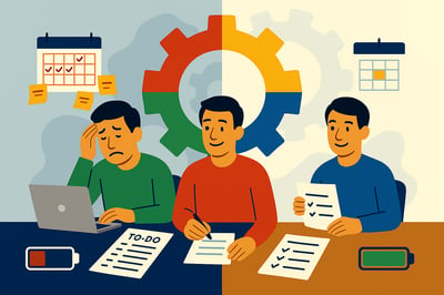 A flat, landscape illustration split into two contrasting sides to represent misaligned and aligned energy use. On the left, a tired man in a green shirt sits at a cluttered desk with scattered sticky notes, a long to-do list, and a low battery icon, symbolizing drained energy and overwhelm. A crowded calendar hangs behind him. On the right, the same man appears energized and focused, working through a short, organized task list with a full battery icon and a clean calendar. A large multicolored gear in the background—red, yellow, blue, and green in proper MyHardWired order—connects both sides, set against soft blue abstract shapes.