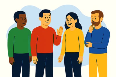 A diverse group of four leaders stand together, each expressing a different natural confidence style: a calm structured Green leader, a decisive Red leader, an enthusiastic Yellow leader, and a thoughtful Blue leader. The scene uses clean MyHardWired-style illustration with soft blue abstract background.