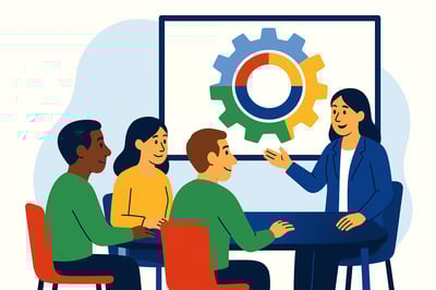 A team gathers around a table reviewing a circular behavioral diagram on a screen, with a subtle four-quadrant MyHardWired gear behind it, symbolizing how conflict can be decoded into insight.