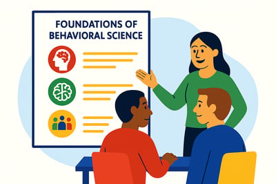 An illustration of a consultant and two team members with a picture that says Foundations of Behavioral Science