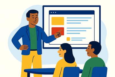 A consultant stands confidently in front of a large screen displaying a simple website mockup, pointing to colorful content blocks while two colleagues seated at a table look on, illustrating the concept of building marketing that aligns with personal wiring.