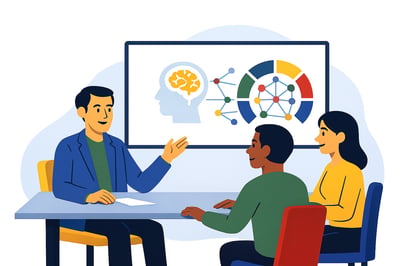 A consultant presents a behavioral science concept to a diverse group of clients seated at a table, with a simple diagram of gears inside a human head displayed on the screen behind him to illustrate how behavior works.