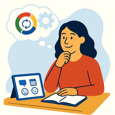 A leader sits at a desk reflecting on their week, with a notebook and simple icons in front of them. Thought bubbles show a three-part behavior diagram and a faint MyHardWired four-quadrant gear in red, yellow, green, and blue, symbolizing awareness of shifting Modes.