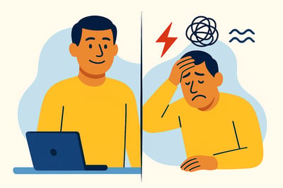 A split-scene illustration showing the same leader calm on one side and stressed on the other, highlighting how behavior shifts under pressure.