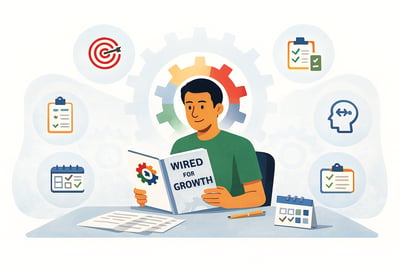 A flat, landscape-style illustration of a person sitting at a desk reading the “Wired for Growth” guide, which features the MyHardWired gear on the cover. Soft blue abstract shapes and a faint multicolored gear (red, yellow, blue, green) appear in the background. Around the reader, several floating icons represent insights from the guide: a target symbol for clarity, a clipboard for structured routines, a calendar for planning, and a head icon for understanding behavioral modes. Papers, a small desk calendar, and a pen rest on the table, emphasizing reflection and learning.