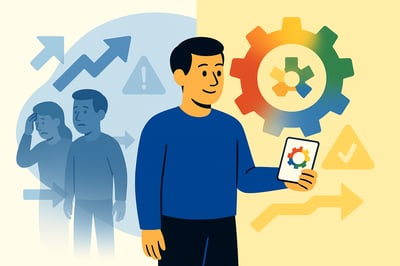 A person stands calmly between two contrasting scenes—on the left, silhouettes and arrows symbolizing stress and uncertainty, and on the right, a brightly colored MyHardWired gear showing clarity and direction. The person holds a small card with the gear symbol, representing self-awareness during change.