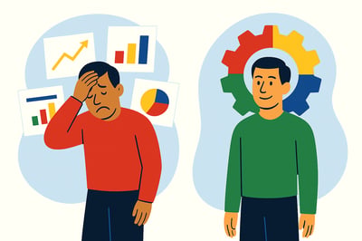 A split-scene illustration showing the same leader in two states: stressed and overwhelmed by floating performance metrics on one side, and calm and confident on the other side with a four-quadrant MyHardWired gear behind him in red top-left, yellow top-right, green bottom-left, and blue bottom-right.