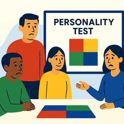 A consultant meets with an HR director and an executive around a table, reviewing a behavioral insights diagram displayed on a screen behind them. The diagram features a circular Modes graphic layered over a subtle MyHardWired gear in the strict color order—red top-left, yellow top-right, green bottom-left, blue bottom-right. The group appears collaborative and confident.