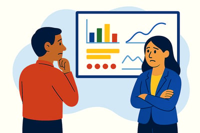 Two colleagues stand in front of a performance dashboard filled with charts and graphs, looking concerned as they analyze the numbers, highlighting that metrics alone don’t reveal the full picture of leadership behavior.