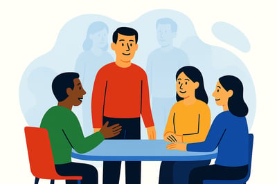 A team sits around a table in discussion while faint, translucent silhouettes of the same people appear behind them, symbolizing hidden behaviors becoming visible. The illustration uses the flat MyHardWired style with warm colors and soft blue abstract background shapes.