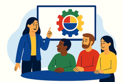 A consultant presents a circular three-part diagram in front of a large screen, backed by a four-quadrant MyHardWired gear in the correct color order—red top-left, yellow top-right, green bottom-left, blue bottom-right—while a diverse group of colleagues sits around a table engaged in discussion.