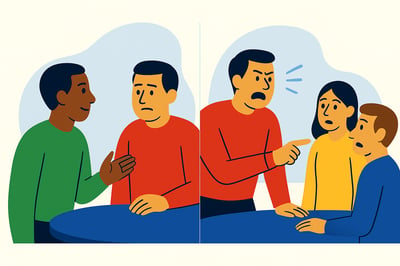 A split-scene illustration showing a leader beginning a tense moment on the left—still composed but uncomfortable—contrasted with the same leader reacting impulsively on the right, pointing and raising his voice while colleagues look startled, representing the shift from early stress cues to full Instinctive Mode.