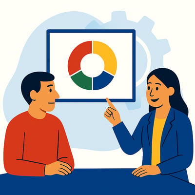 A leader and a colleague sit together reviewing a simple Modes diagram on a screen, with a subtle MyHardWired four-quadrant gear behind it in the correct color order—red top-left, yellow top-right, green bottom-left, blue bottom-right—illustrating how feedback connects to behavioral patterns.