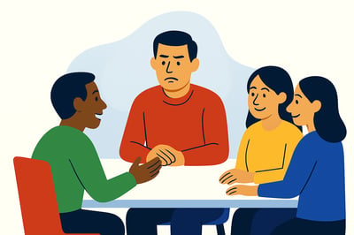 A leader sits in a meeting looking subtly tense while the teammates around him continue talking, showing the early signs of Instinctive Mode surfacing under stress.
